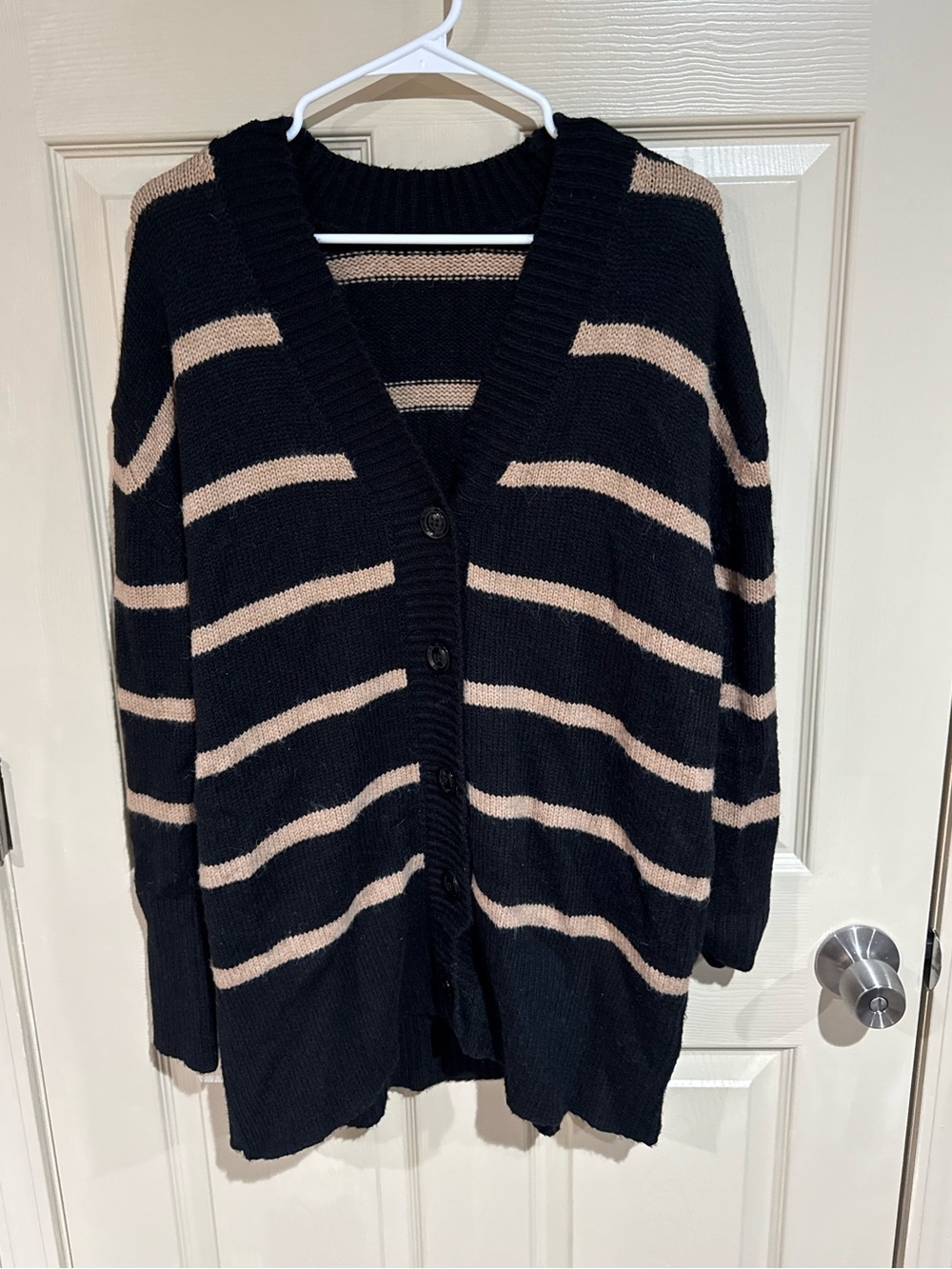 Black and Beige Striped V-Neck Button Cardigan Sweater